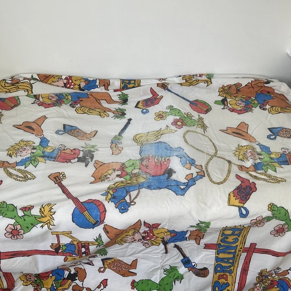 Cannon Western Cowboy Cowgirl Bar B Ranch Farm Rodeo Twin Size Sheet Set 1960's